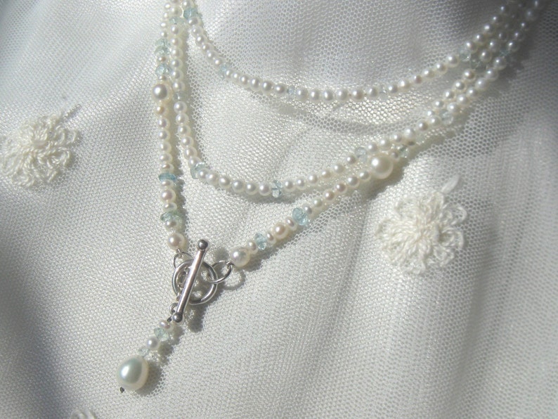 SALE,Mixed Cultured Pearl Aquamarine Necklace,Delicate Feminine Long Strand Layering Pearl and Aquamarine Gemstone Necklace,Designer Pearls,