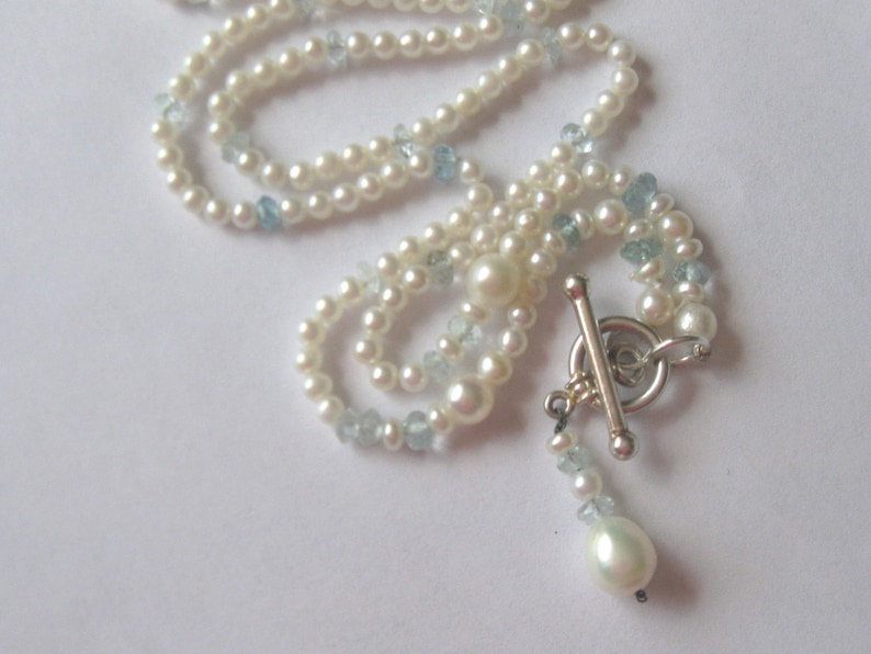 SALE,Mixed Cultured Pearl Aquamarine Necklace,Delicate Feminine Long Strand Layering Pearl and Aquamarine Gemstone Necklace,Designer Pearls,