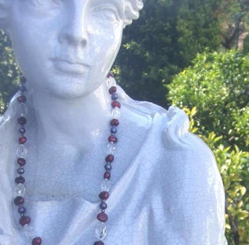 SALE Colorful Black Pearl Burgandy Pearl Long Strand Necklace,Bold Crystal and Cranberry Red Pearl Necklace,Baroque Cultured Pearl Necklace