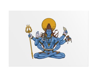 Shiva Meditation Poster | Peaceful Blue Shiva with Trident, Snake, and Moon | Spiritual Wall Art for Positive Energy