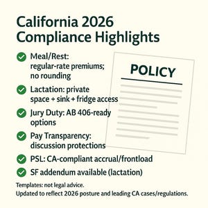 May include: A graphic with the text "California 2026 Compliance Highlights" and a document labeled "POLICY." Key points include meal/rest, lactation, jury duty, and pay transparency. The document is on a light beige background.