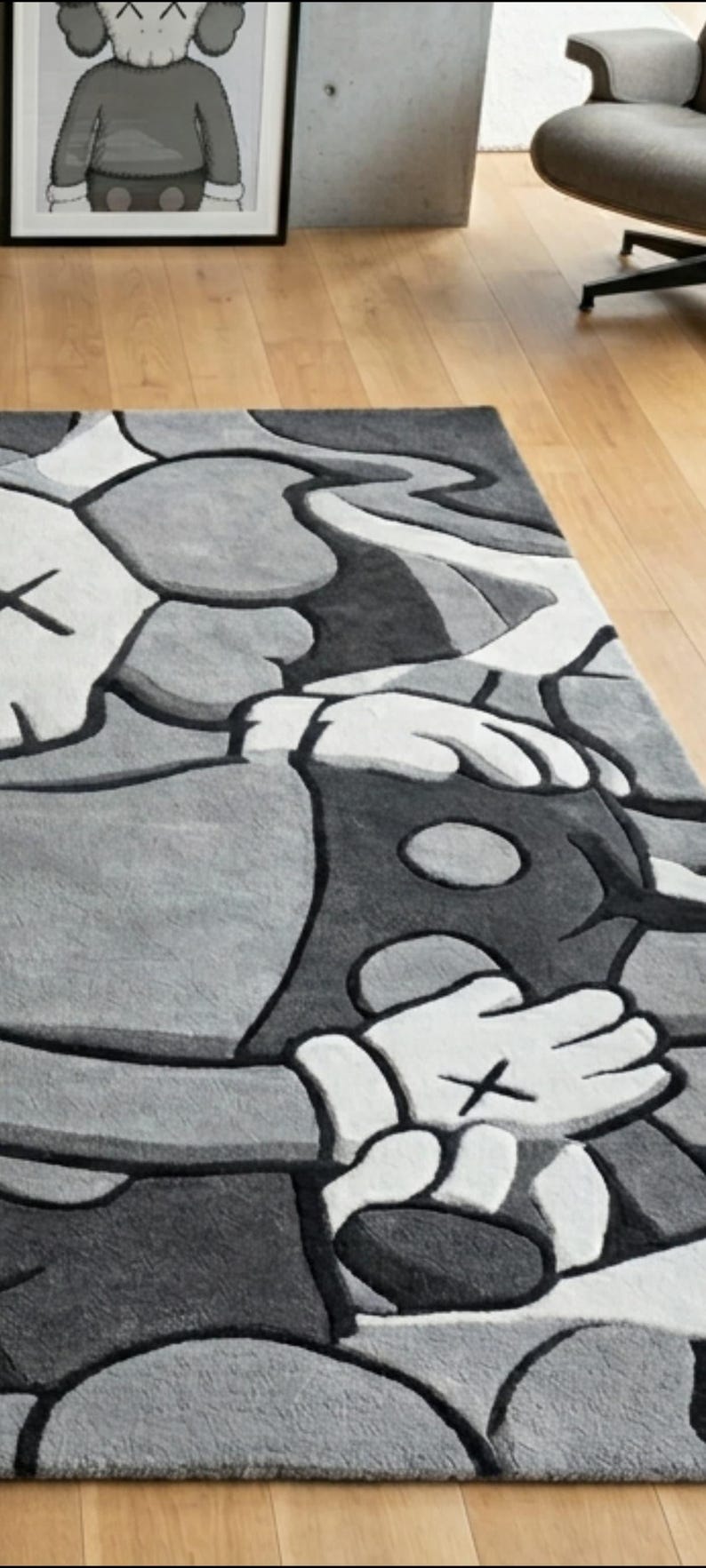 KAWS-inspirerad handtuftad ullmatta: Abstrakt gråsvart krämfärgad matta bild 6