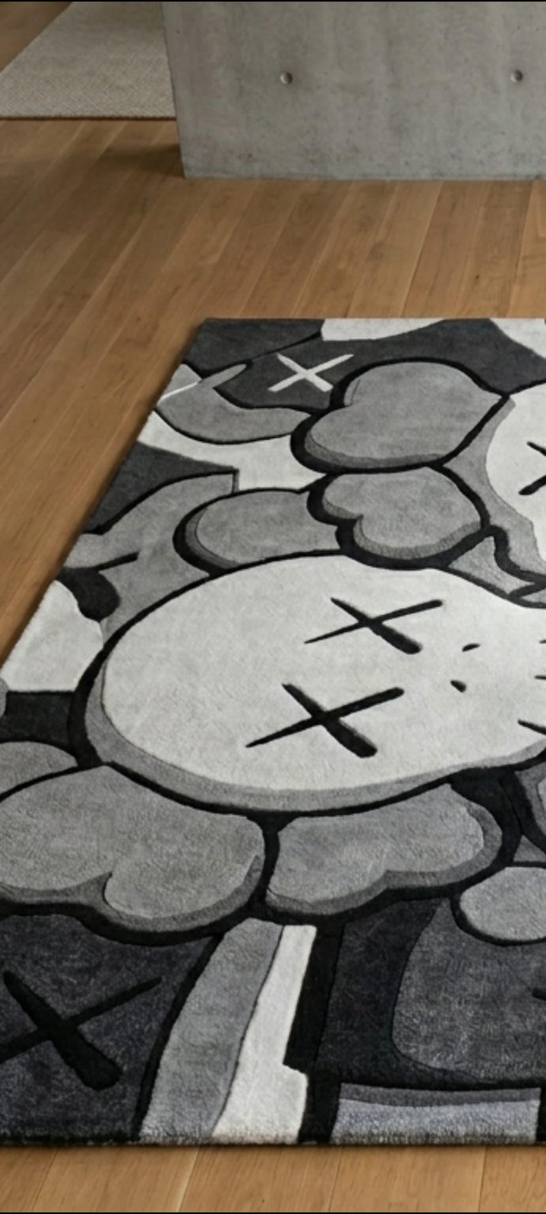 KAWS-inspirerad handtuftad ullmatta: Abstrakt gråsvart krämfärgad matta bild 5