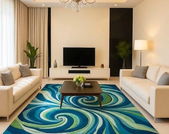 Handtuftad ullmatta – Teal Green Swirl 3D Carved Area Carpet