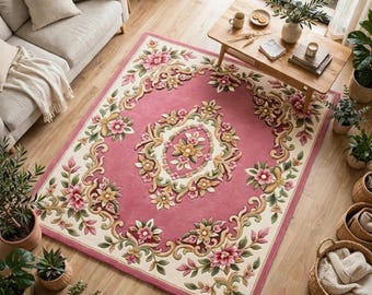 Vintage Pink Floral Wool Rug – Hand Tufted Oriental Carpet, Persian Inspired Area Rug