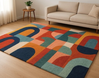 Hand Tufted Wool Area Rug | Colorful Geometric, Mid Century Modern