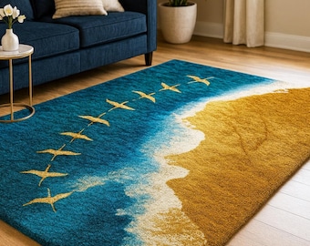 Handtuftad ullmatta | Blå havsvåg, Coastal Decor 5x8 vardagsrumsmatta