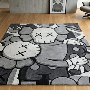 KAWS-inspirerad handtuftad ullmatta: Abstrakt gråsvart krämfärgad matta bild 1