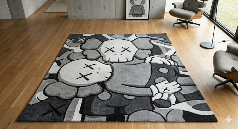 KAWS-inspirerad handtuftad ullmatta: Abstrakt gråsvart krämfärgad matta bild 1