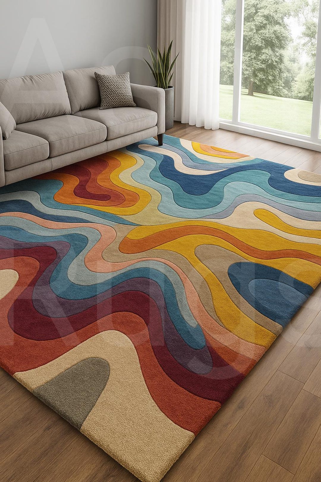 Hand Tufted Wool Area Rug | Retro 70s Multicolor Wavy Design - Etsy