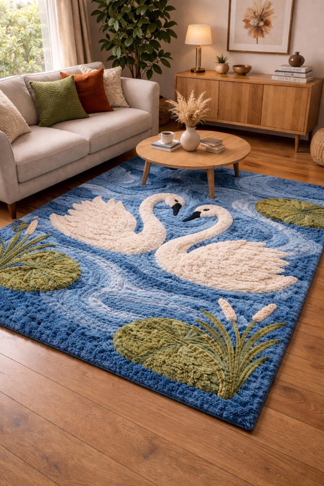 Hand Tufted Wool Swan Lake Rug, Plush Blue Nature Inspired Carpet - Etsy
