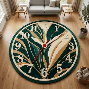 Puede incluir: Una alfombra circular grande con un diseño de esfera de reloj y números en relieve de color crema del 1 al 12. La alfombra muestra un patrón de hojas en verde oscuro y beige con dos manecillas color crema y un segundero rojo fino.