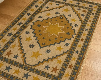 Hand-Knotted Wool Star Area Rug, Bohemian Mustard Gold Vintage Style Floor Mat
