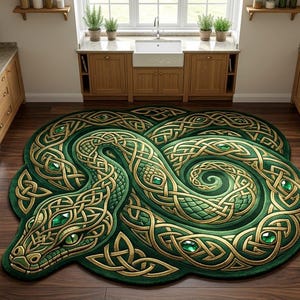 May include: A large, shaped area rug featuring a coiled snake design with intricate gold Celtic knotwork patterns on a deep green background. The snake's body is accented with several embedded emerald green gemstones along its length.