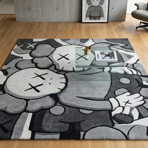 KAWS-inspirerad handtuftad ullmatta: Abstrakt gråsvart krämfärgad matta bild 2