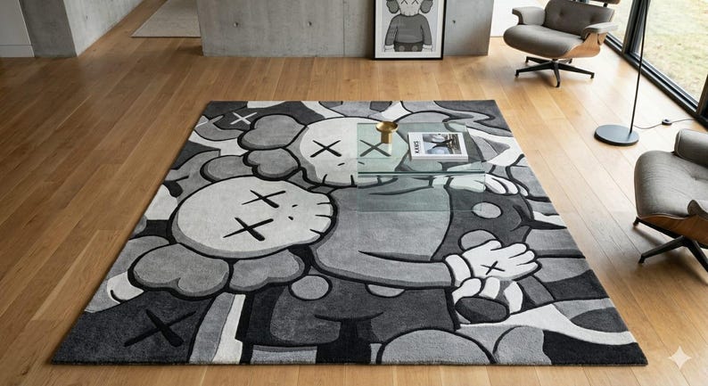 KAWS-inspirerad handtuftad ullmatta: Abstrakt gråsvart krämfärgad matta bild 2
