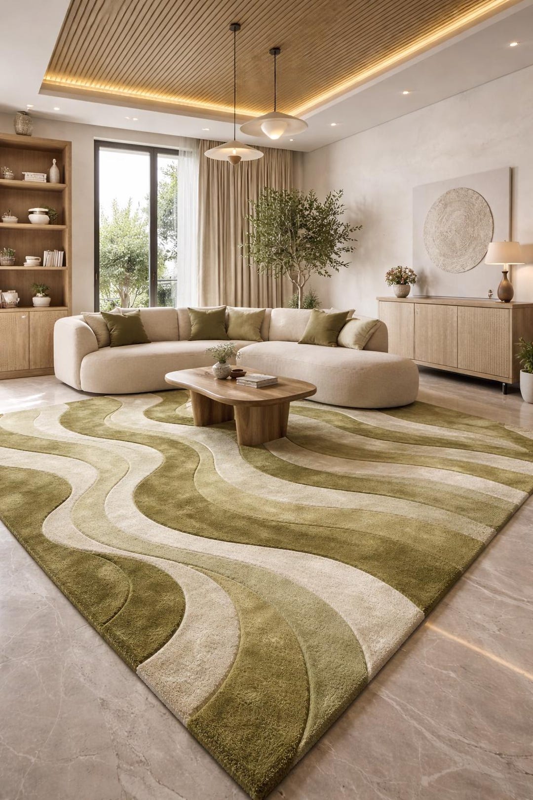 Olive Green Wave Hand Tufted Wool Rug – Organic Modern Abstract Area ...