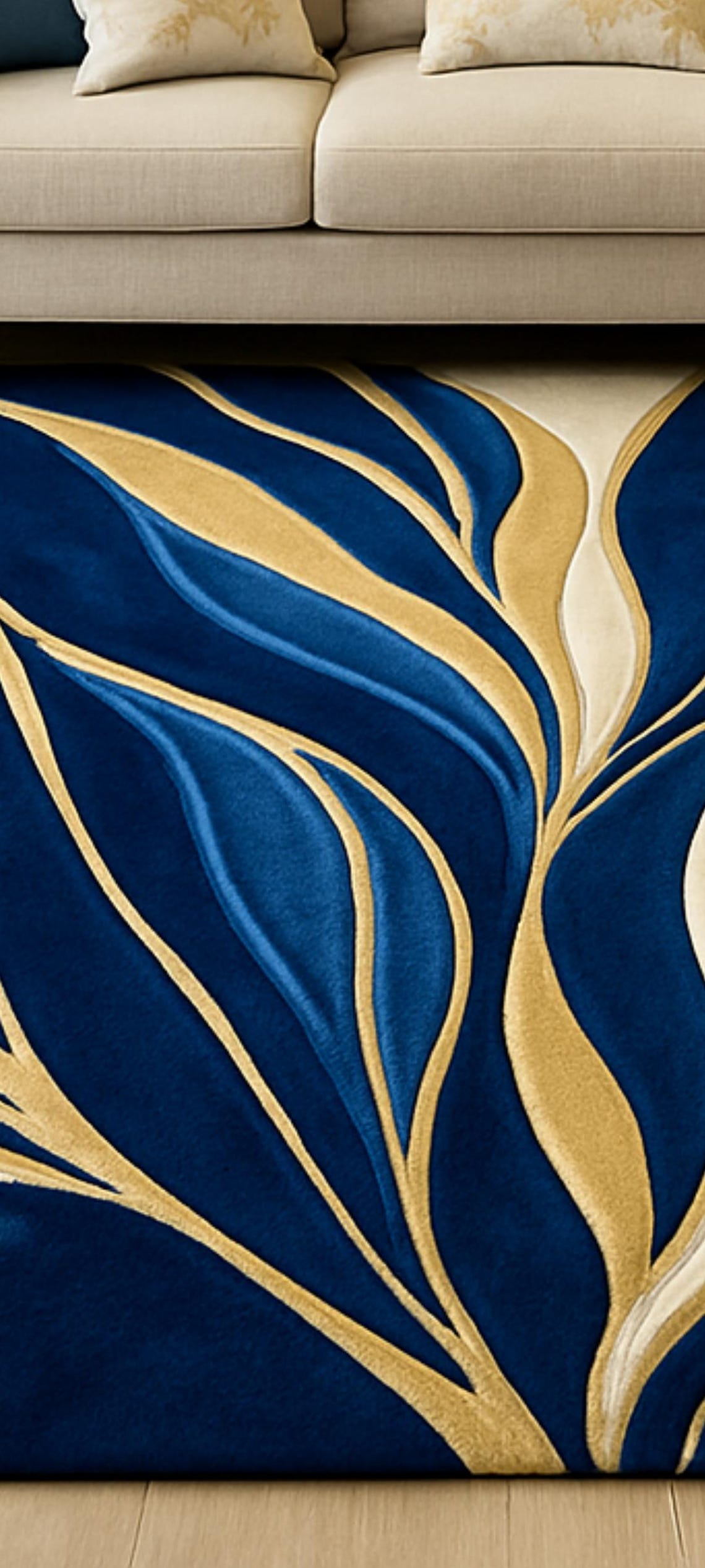 Blue Rug Abstract Pattern Hand-tufted Wool Rug – Royal Blue Gold Abstract Botanical Carved Carpet ...