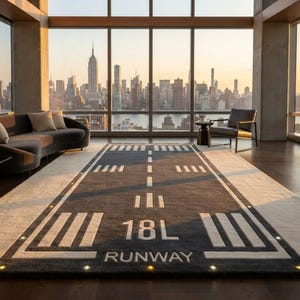 May include: A rectangular area rug featuring a dark grey centre with white runway markings, including the text 18L RUNWAY, bordered by a light grey frame. The design mimics an airport landing strip with white stripes and small yellow light accents.