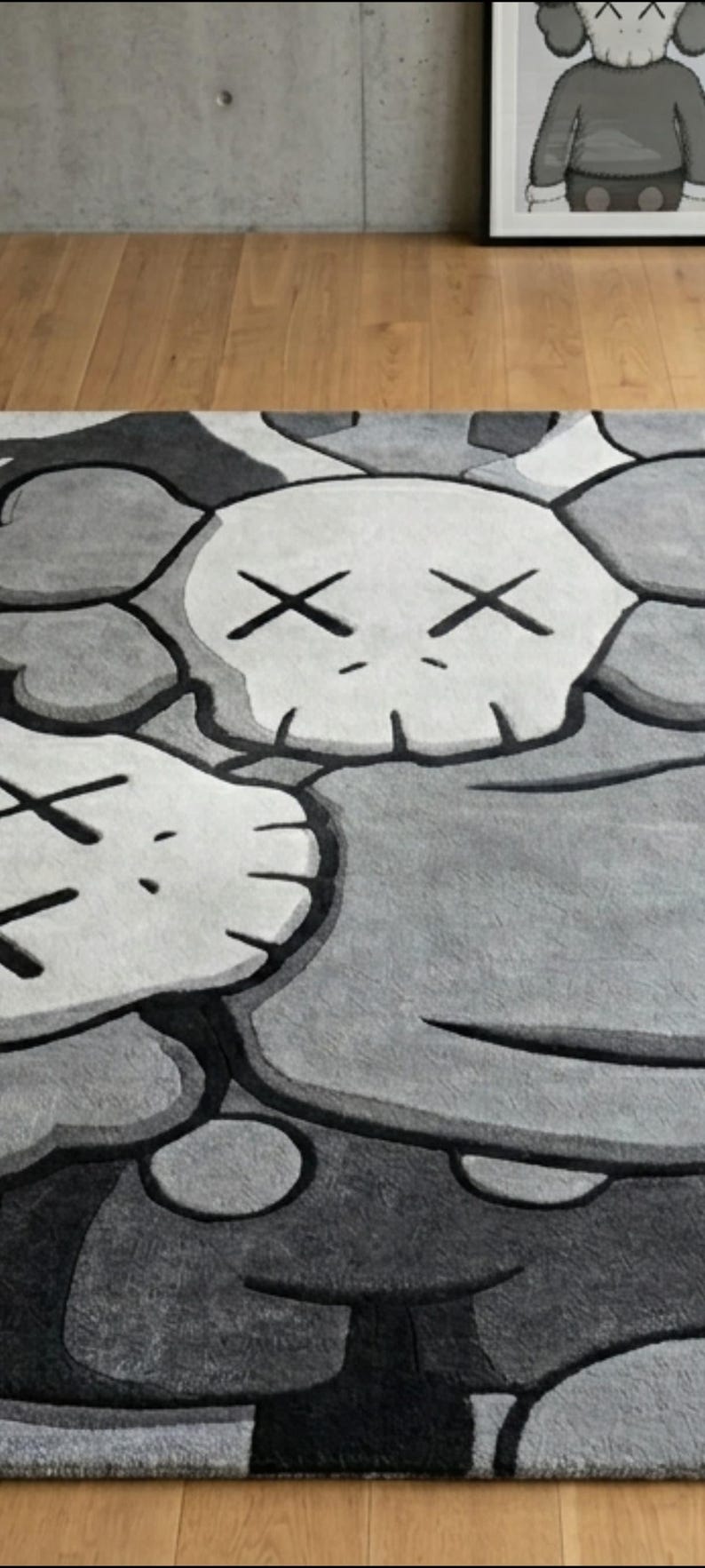 KAWS-inspirerad handtuftad ullmatta: Abstrakt gråsvart krämfärgad matta bild 4