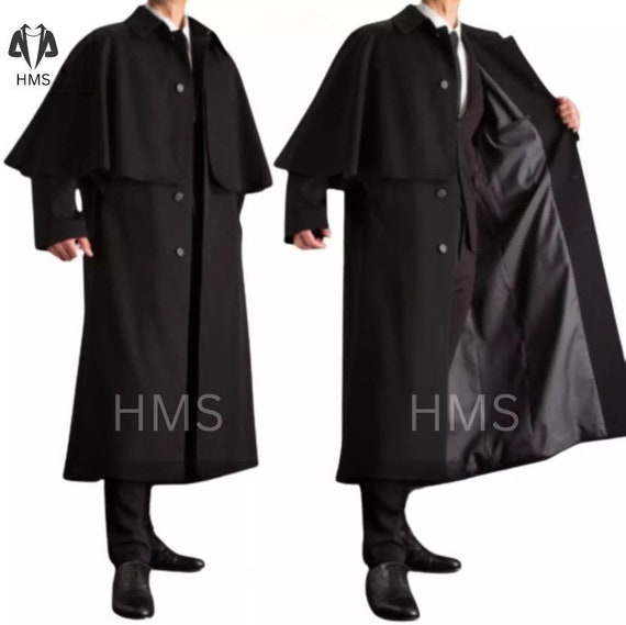 New Men s Black Inverness Cotton and Wool Cape Coat Wool cotton