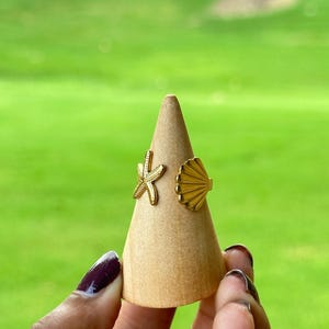 Gold Starfish & Seashell Open Adjustable Waterproof Ring