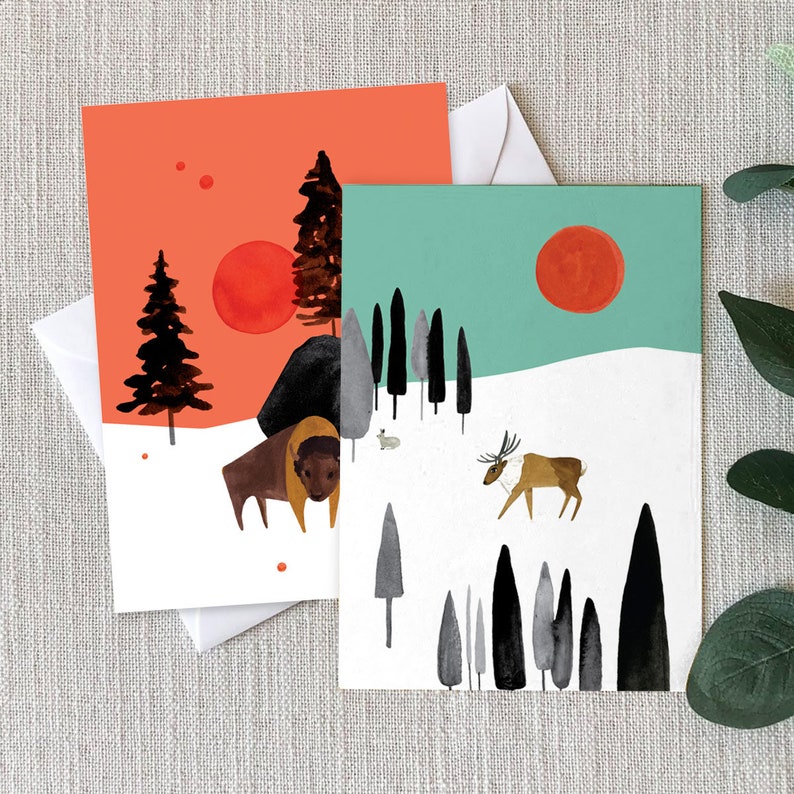 Wild World Bison and Caribou Blank Holiday Note Cards by Seattle artist Misha Zadeh, Canadian Taiga and Yellowstone Forest inspired cards image 2