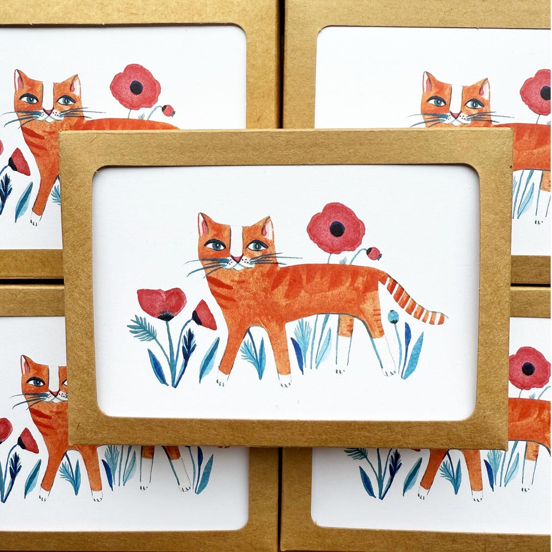 New! Orange Kitty With Poppies, Boxed Blank Note Cards by Misha Zadeh ...