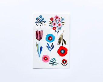 Poppies and Posies Vinyl Sticker Sheet, with floral watercolor illustrations by Seattle Artist Misha Zadeh