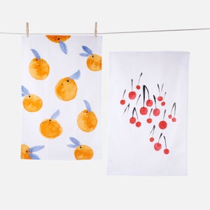 Fantastical Fruit Tea Towel, Oranges or Cherries, Screen printed, based on watercolor artwork by Misha Zadeh image 1