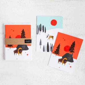 Wild World Bison and Caribou Blank Holiday Note Cards by Seattle artist Misha Zadeh, Canadian Taiga and Yellowstone Forest inspired cards image 1