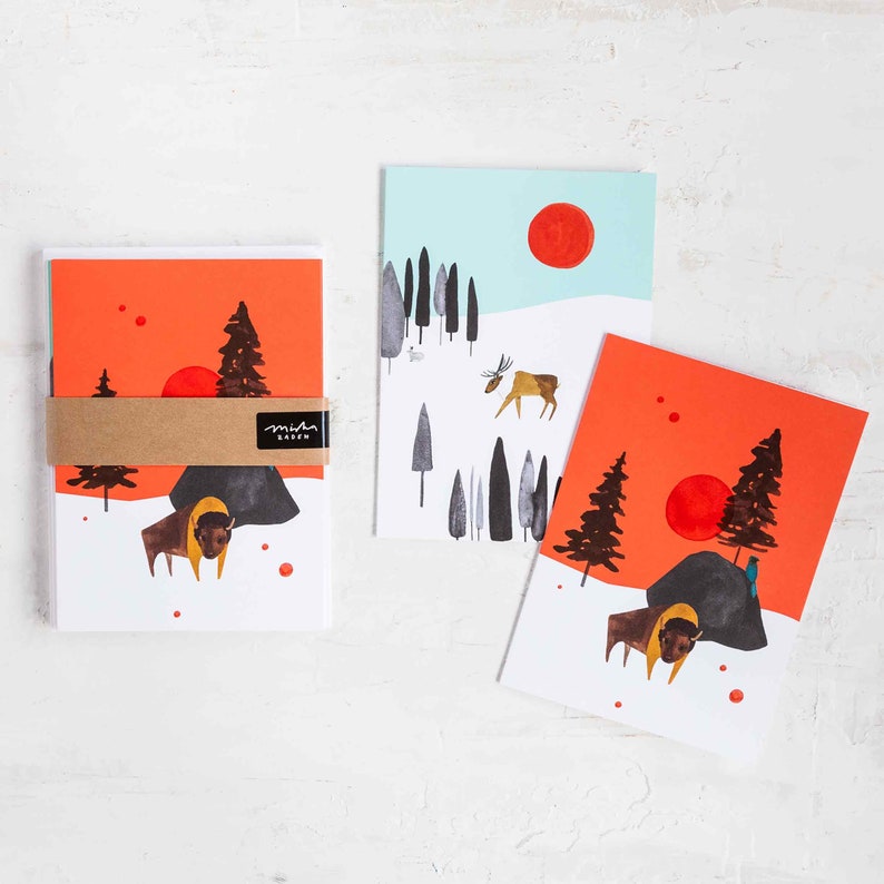 Wild World Bison and Caribou Blank Holiday Note Cards by Seattle artist Misha Zadeh, Canadian Taiga and Yellowstone Forest inspired cards image 1