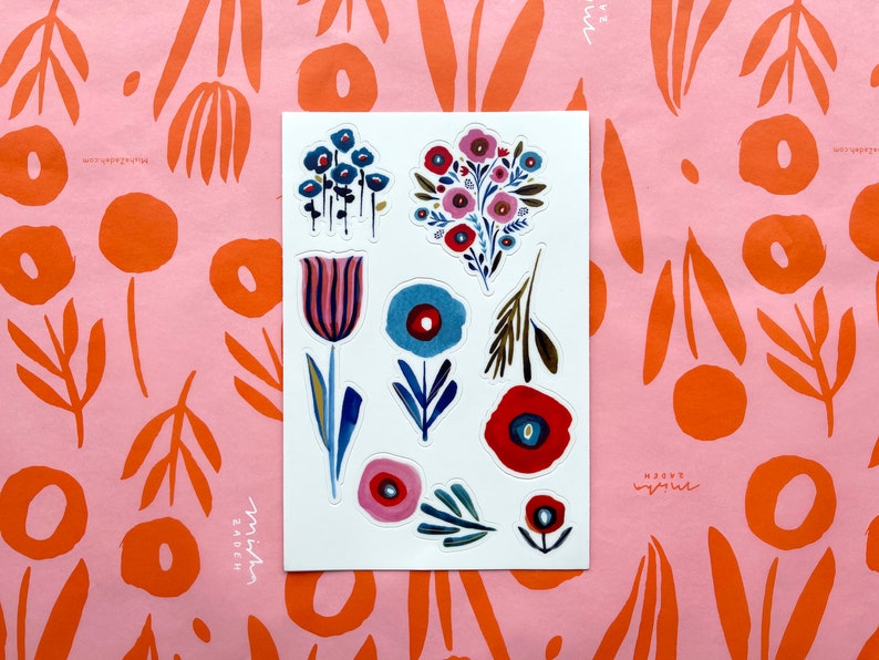 Feuille d'autocollants en vinyle Coquelicots et Posies, avec des illustrations florales à l'aquarelle par l'artiste de Seattle Misha Zadeh image 2