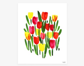 Colorful Tulips Watercolor Art Print by Seattle artist Misha Zadeh, red pink yellow tulip festival giclee print