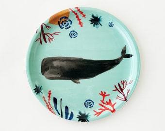 Whale Enameled Metal Tray with coral seaweed from La Marina collection