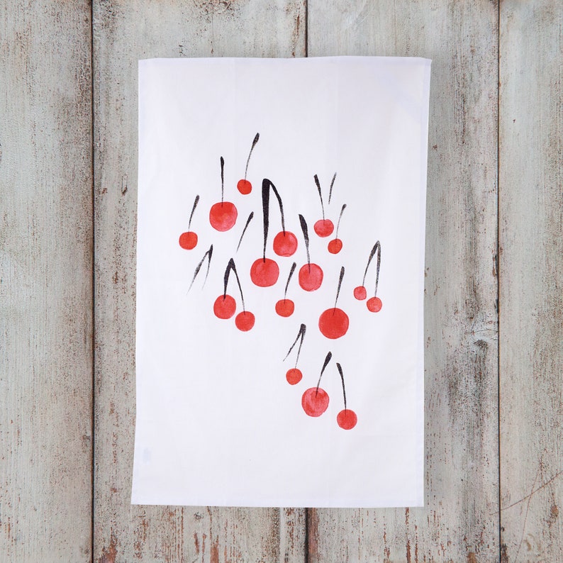 Fantastical Fruit Tea Towel, Oranges or Cherries, Screen printed, based on watercolor artwork by Misha Zadeh Cherries