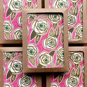 Gold Roses on Pink Note Cards by Seattle Designer Misha Zadeh