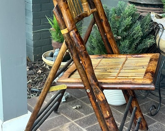 Vintage Burnt Tortoise Shell Bamboo Folding Chair with Rattan Slatted Seat.