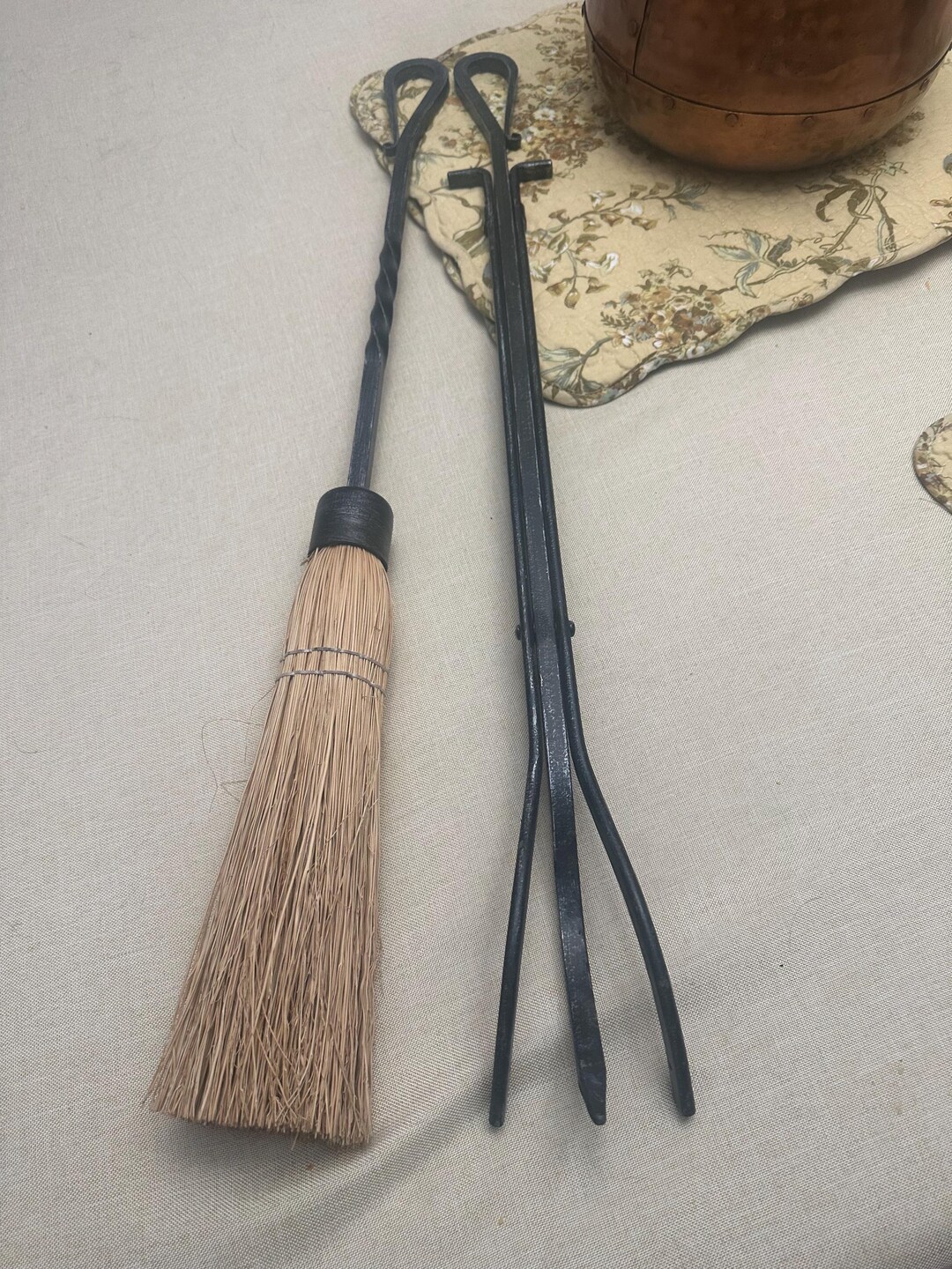 Black Wrought Iron Fireplace Tools. Set of 2. Fireplace Tongs and Broom ...