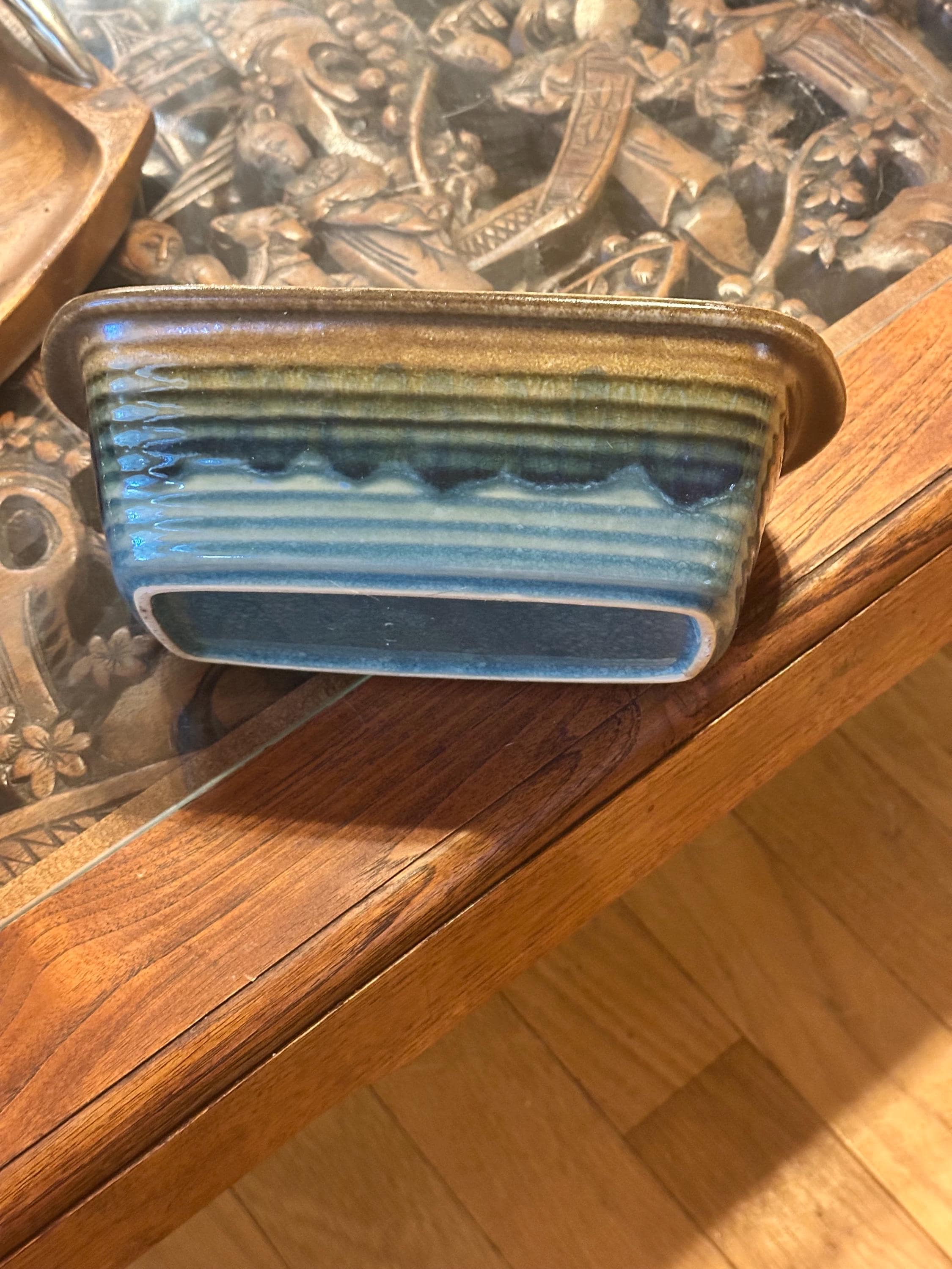 Stunning Stoneware Loaf Pan.  the pan is 9x3 and the colors are blues brown with a glaze finish.  Great Addition to any Kitchen!