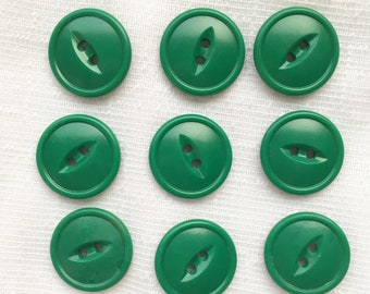 Green Vintage 1970s Buttons Set of Nine Two Holes 3/4" or 19mm