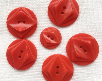 Vintage True Red Buttons, Two Hole with Origami-Like Details, Set of Six