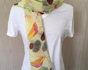 Brightly colored scarf Vintage 1970’s floral printed long crepe scarf with trees, bushes & hills in happy cheerful abstract landscape