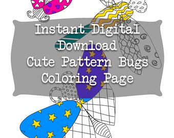 Instant Digital Download PDF & JPG Cute Pattern Bugs Coloring Page Child Educational Activity Kids Party Favor 8.5x11