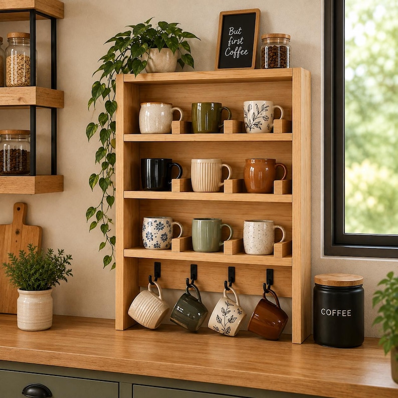 May include: A light wood mug rack featuring four shelves and four bottom hooks. The shelves hold twelve assorted ceramic mugs in various colors and patterns. A small black sign with the white text "But first Coffee" sits on the top shelf.