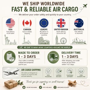 May include: An infographic detailing worldwide shipping services with text including WE SHIP WORLDWIDE, FAST & RELIABLE AIR CARGO, MADE TO ORDER 1-3 DAYS, and DELIVERY TIME 1-3 DAYS. It features icons of flags, landmarks, a delivery truck, and an airplane.