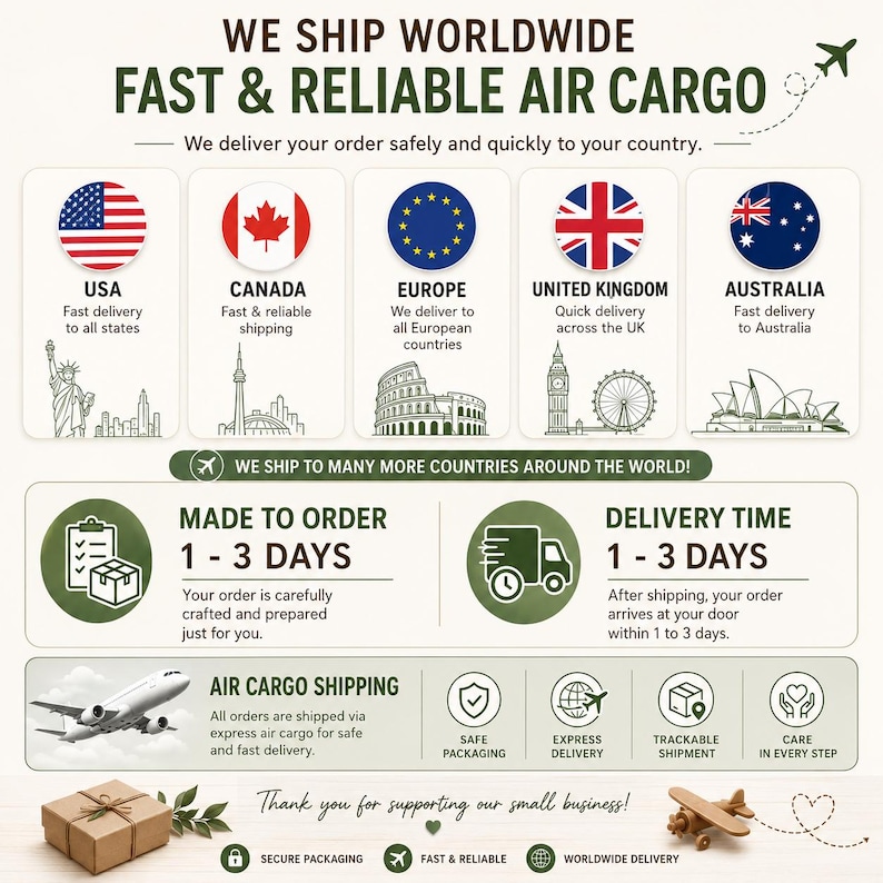 May include: An infographic detailing worldwide shipping services with text including WE SHIP WORLDWIDE, FAST & RELIABLE AIR CARGO, MADE TO ORDER 1-3 DAYS, and DELIVERY TIME 1-3 DAYS. It features icons of flags, landmarks, a delivery truck, and an airplane.