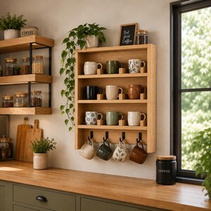 May include: A wall-mounted light wood shelf unit featuring four horizontal tiers and four black metal hooks at the bottom. The shelves hold various ceramic mugs in solid colors and patterns, while a trailing green plant hangs from the side.