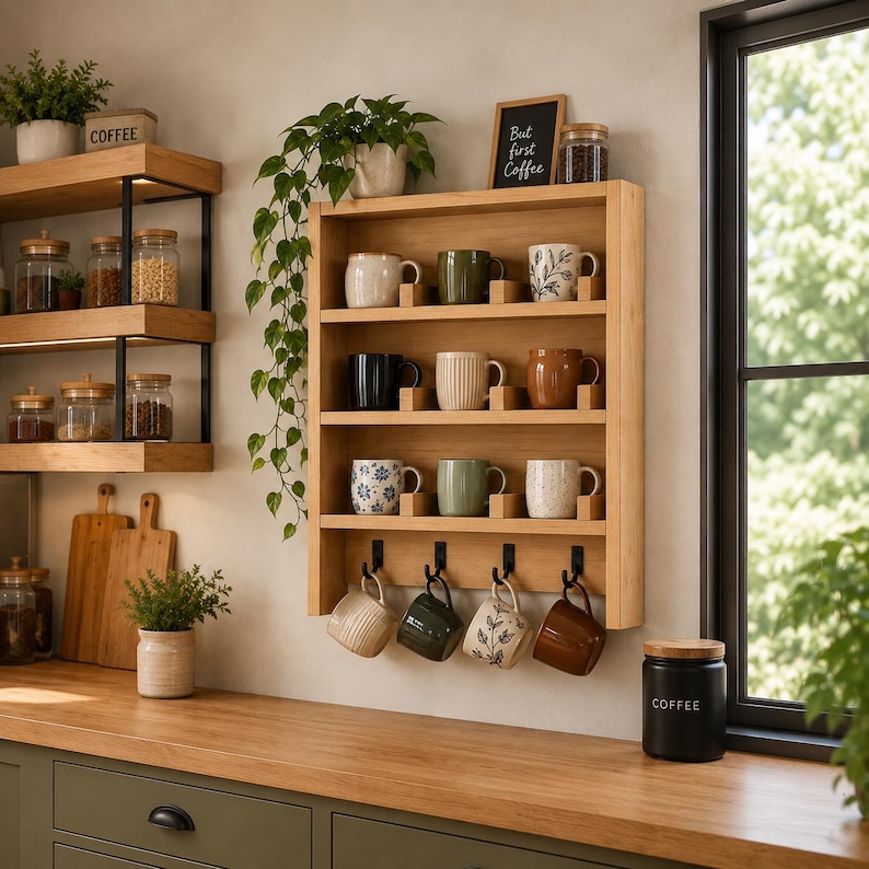 May include: A wall-mounted light wood shelf unit featuring four horizontal tiers and four black metal hooks at the bottom. The shelves hold various ceramic mugs in solid colors and patterns, while a trailing green plant hangs from the side.