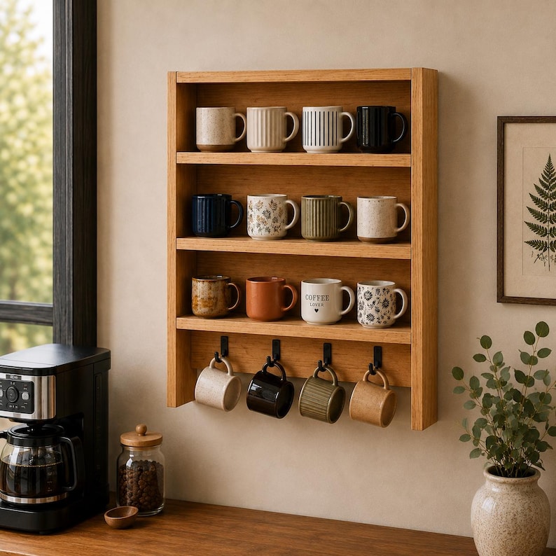 May include: A wall-mounted wooden mug rack featuring three horizontal shelves holding twelve assorted ceramic mugs, with four black metal hooks attached to the bottom shelf displaying four additional hanging mugs in various colors and textures.